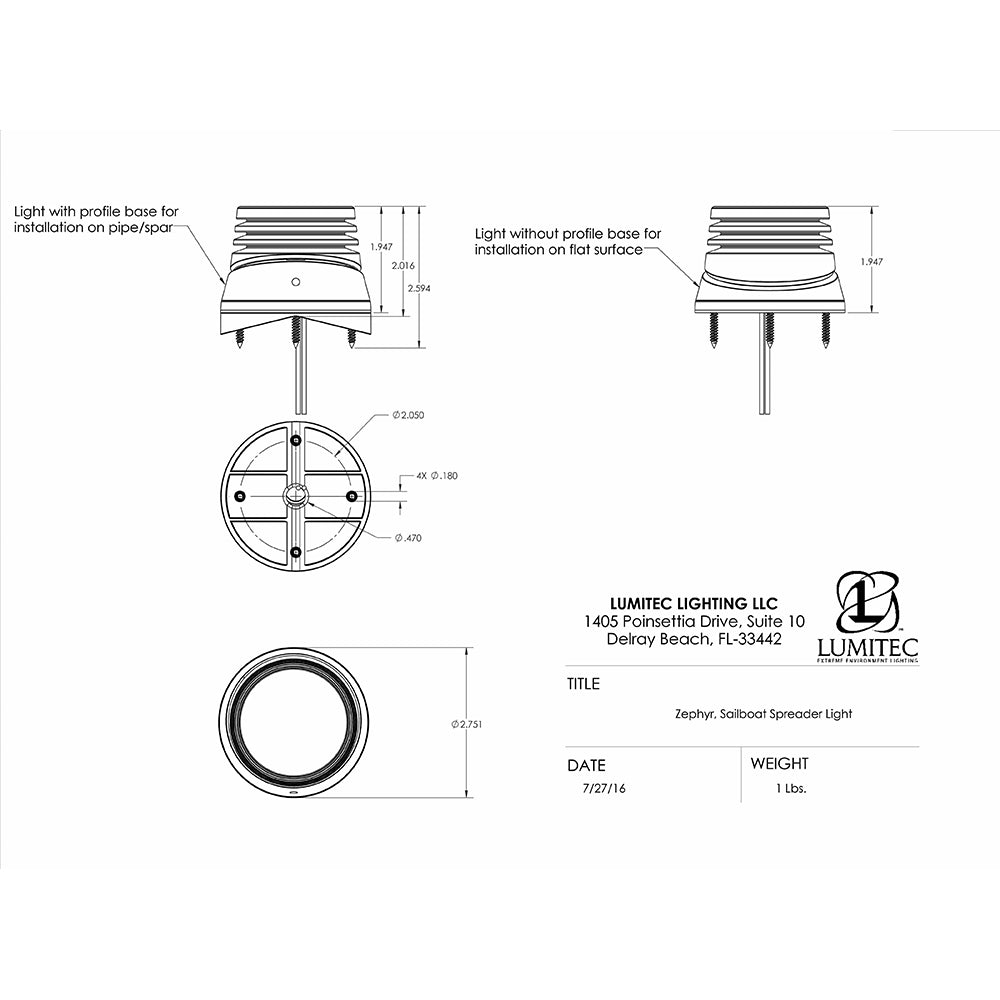 Lumitec Zephyr LED SpreaderDeck Light Brushed White Base White NonDimming 101325