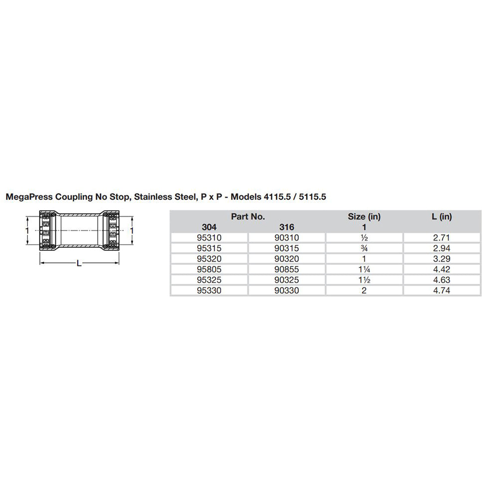 Viega MegaPress 34 Stainless Steel 304 Coupling wo Stop Double Press Connection Smart Connect Technology 95315