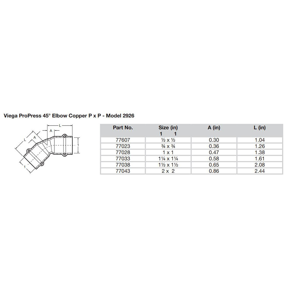 Viega ProPress 112  45 Copper Elbow  Double Press Connection  Smart Connect Technology 77038