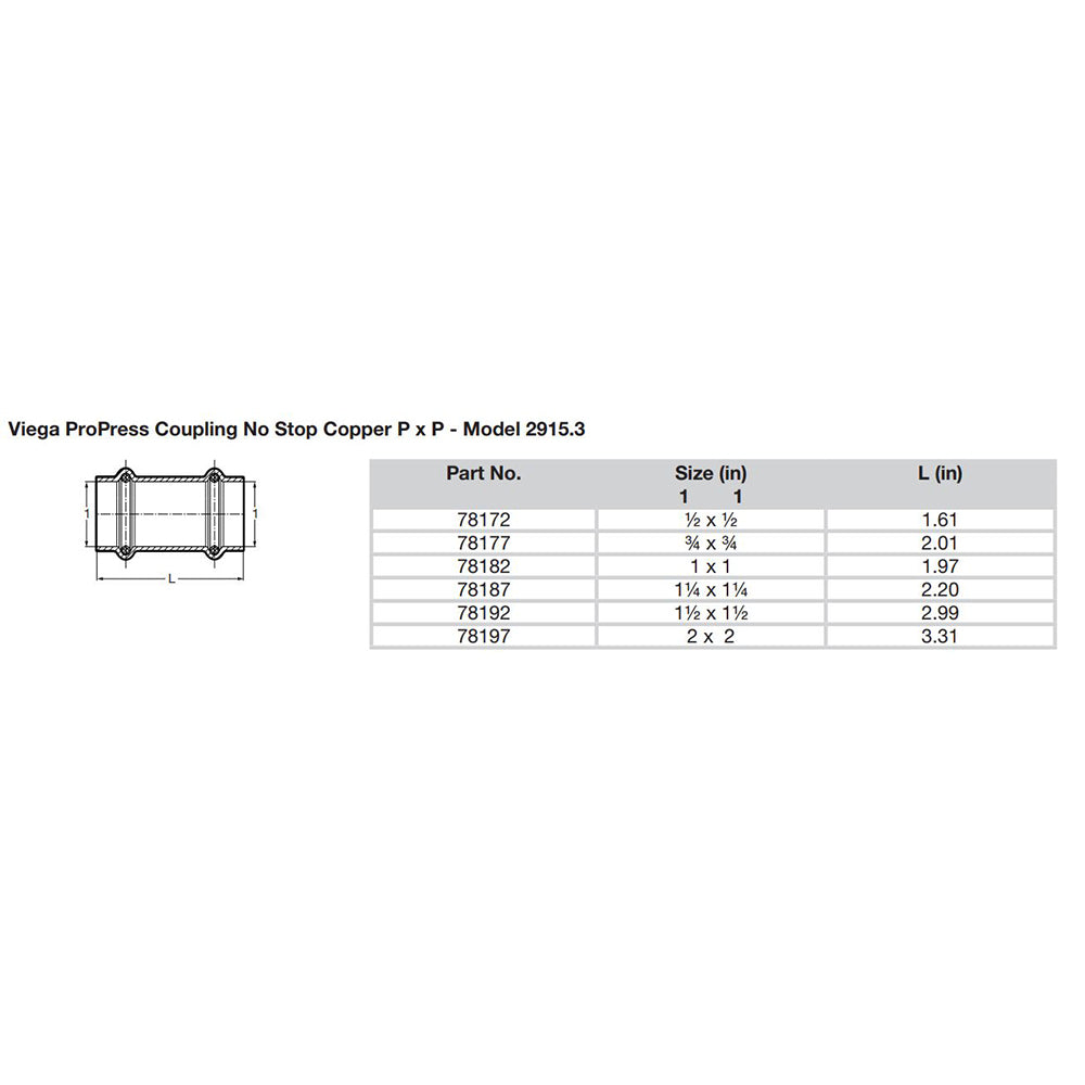 Viega ProPress 34 Copper Coupling wo Stop  Double Press Connection  Smart Connect Technology 78177